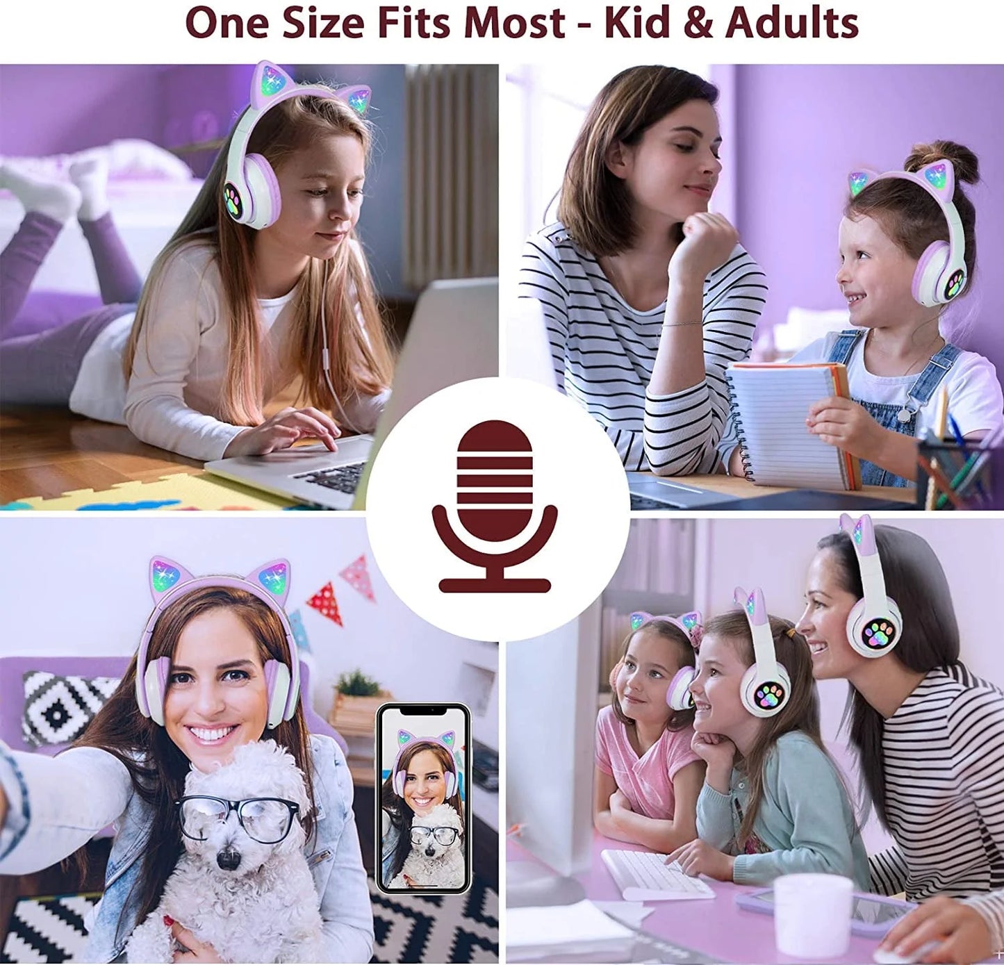 Kids Headphones, Cat Ear Wireless Headphones, LED Light up Kids Bluetooth Headphones over on Ear Black