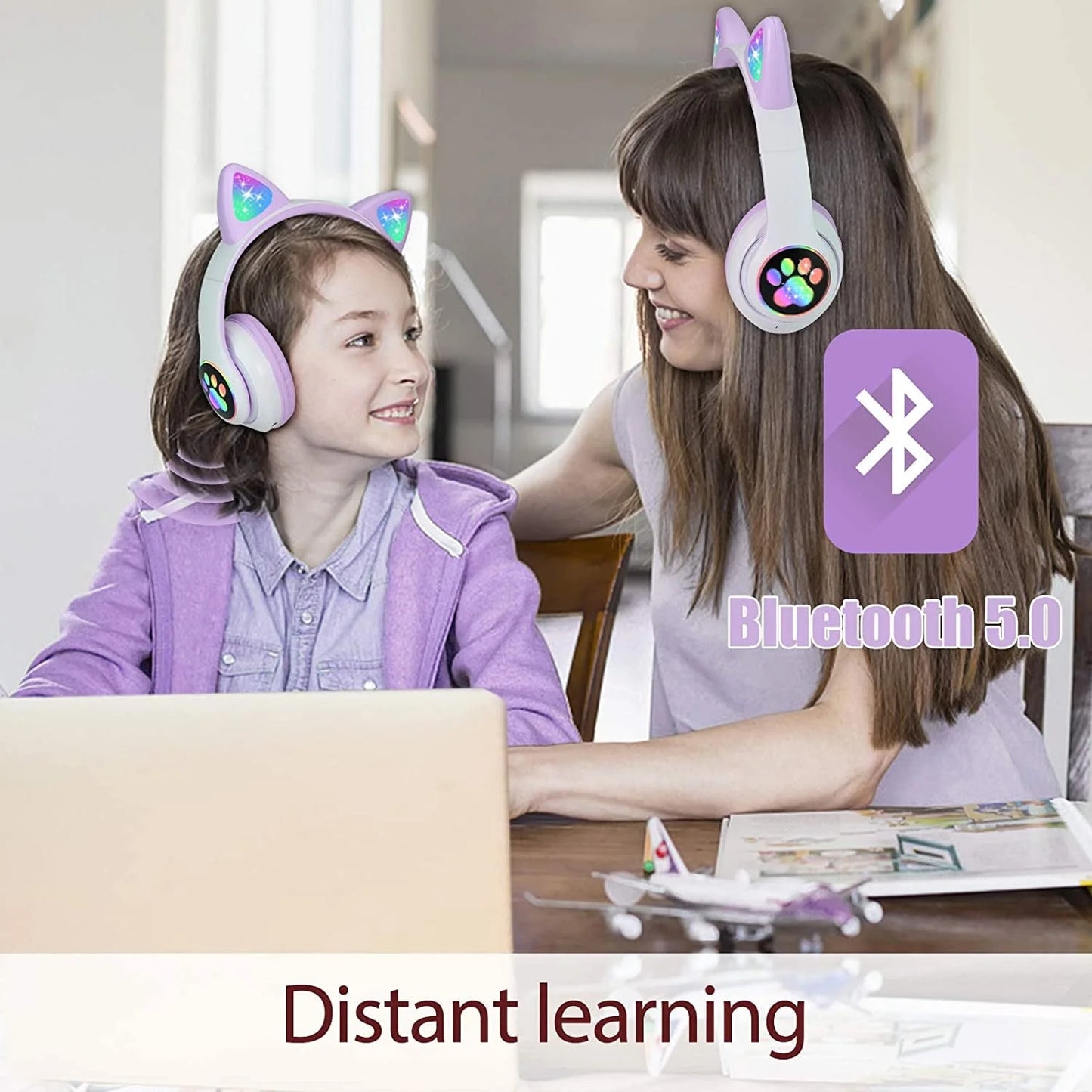 Kids Headphones, Cat Ear Wireless Headphones, LED Light up Kids Bluetooth Headphones over on Ear Black