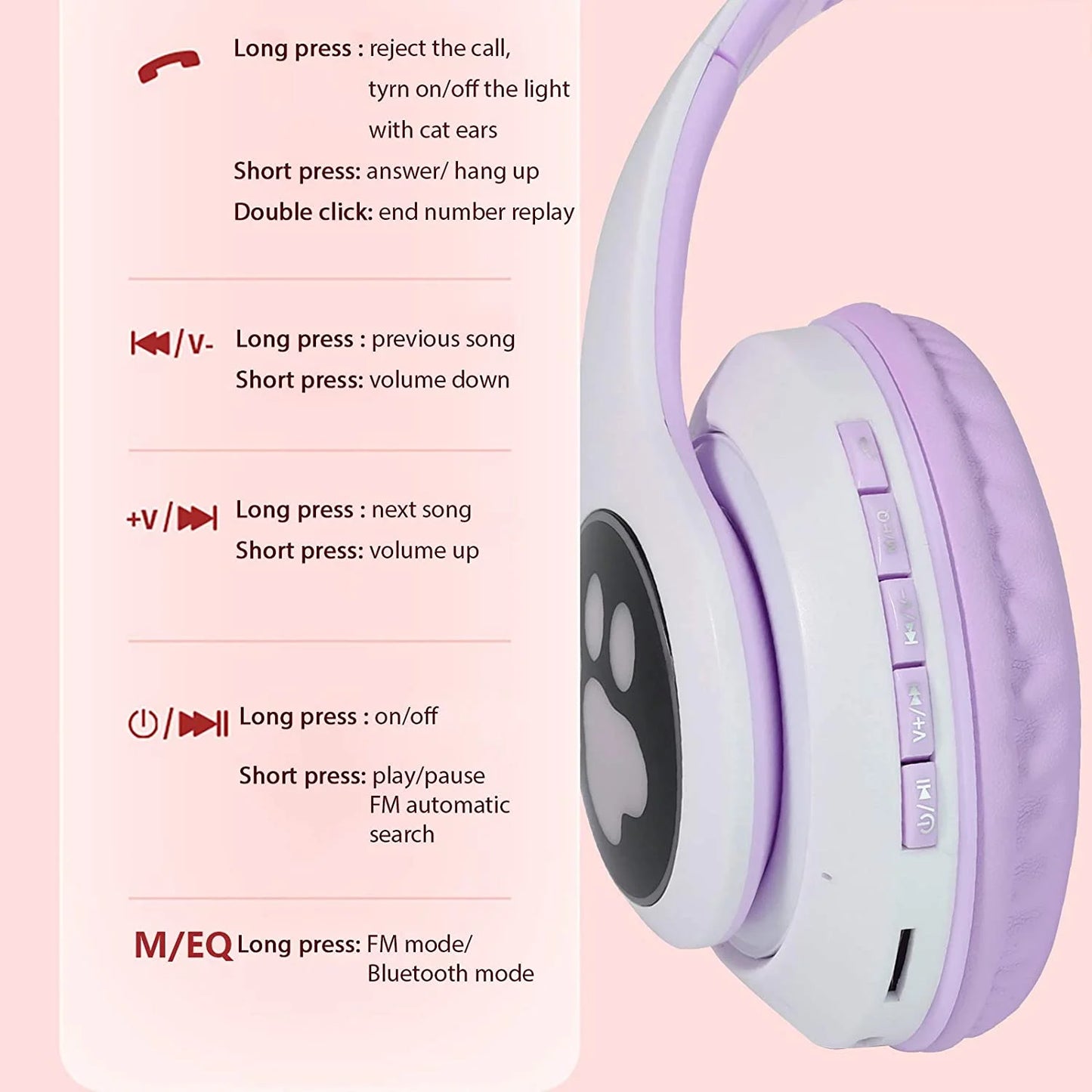 Kids Headphones, Cat Ear Wireless Headphones, LED Light up Kids Bluetooth Headphones over on Ear Black