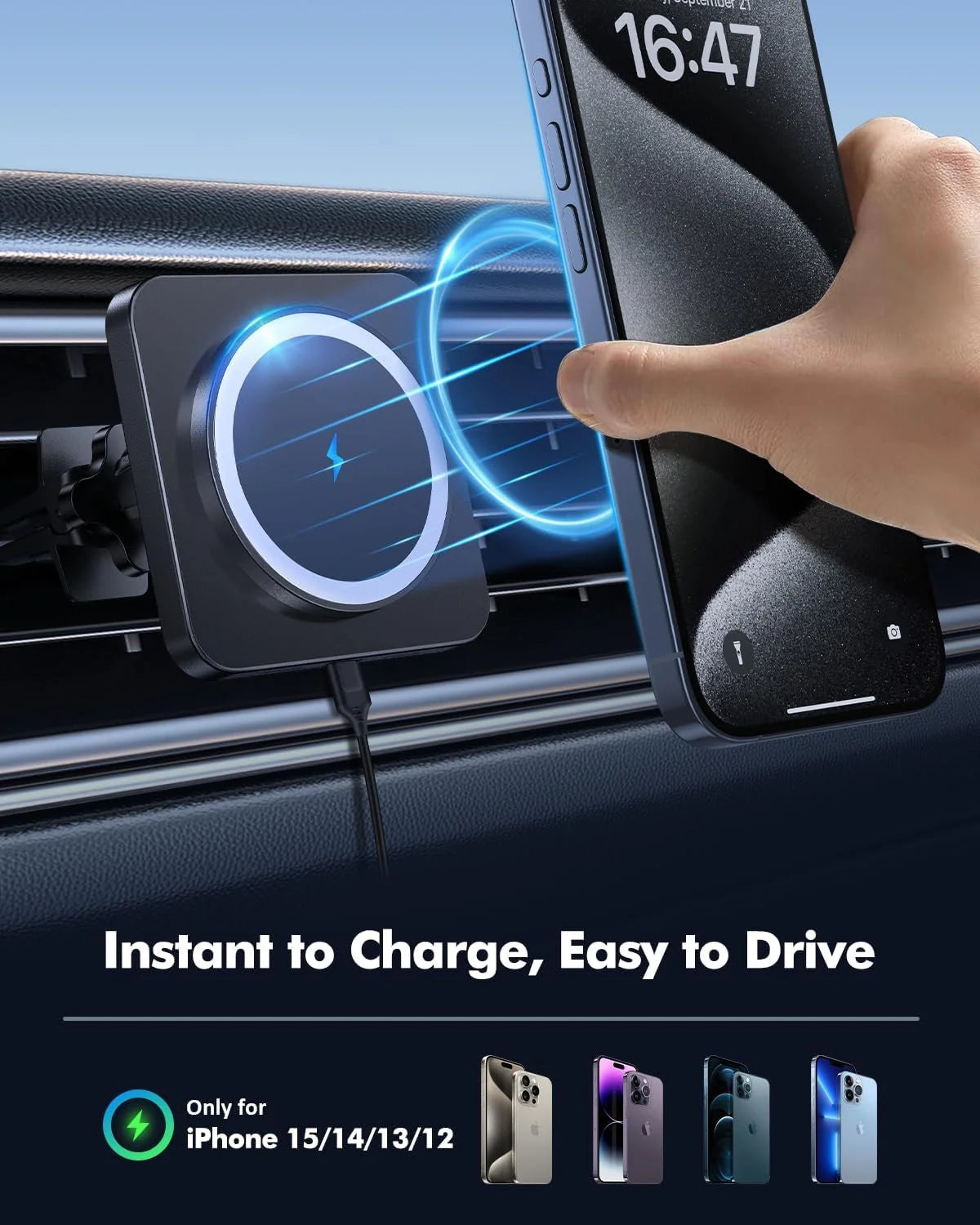 Magnetic Wireless Car Charger Mount - Car Accessories Mag-Safe Charger, Car Phone Holder Mount for Iphone 16/15/14/13/12 Pro/Pro Max/Mini, Black