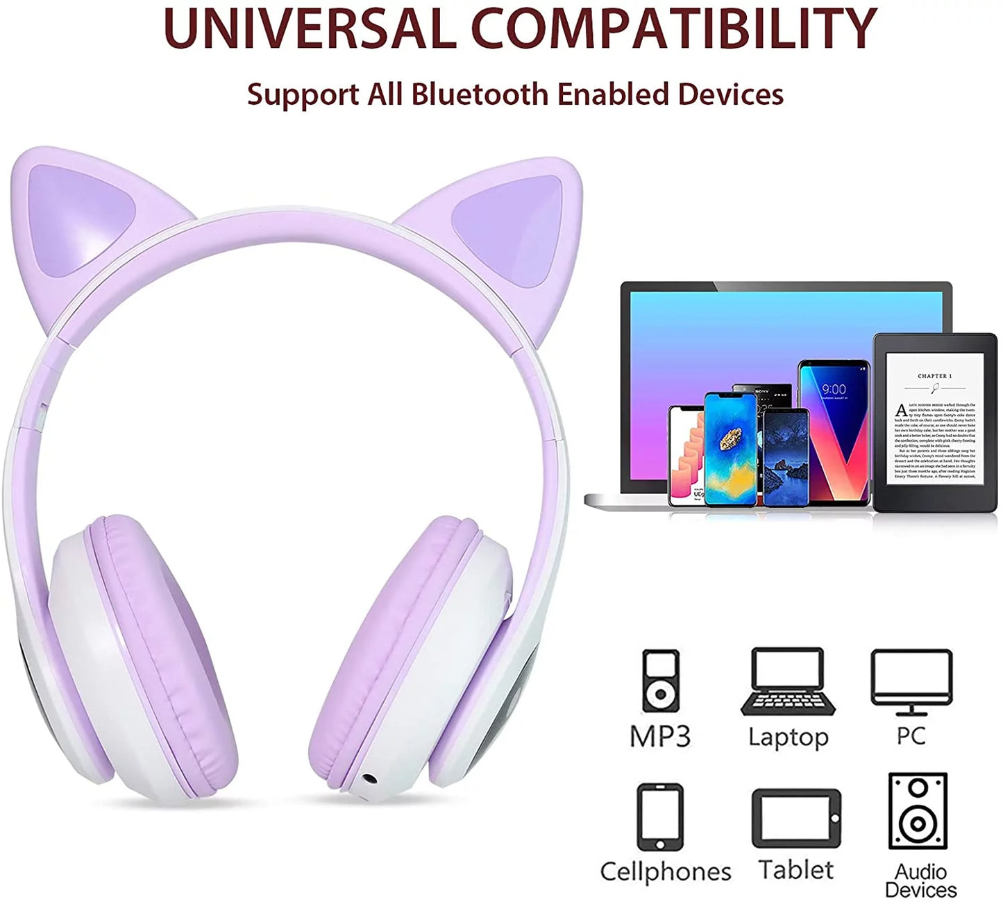 Kids Headphones, Cat Ear Wireless Headphones, LED Light up Kids Bluetooth Headphones over on Ear Black