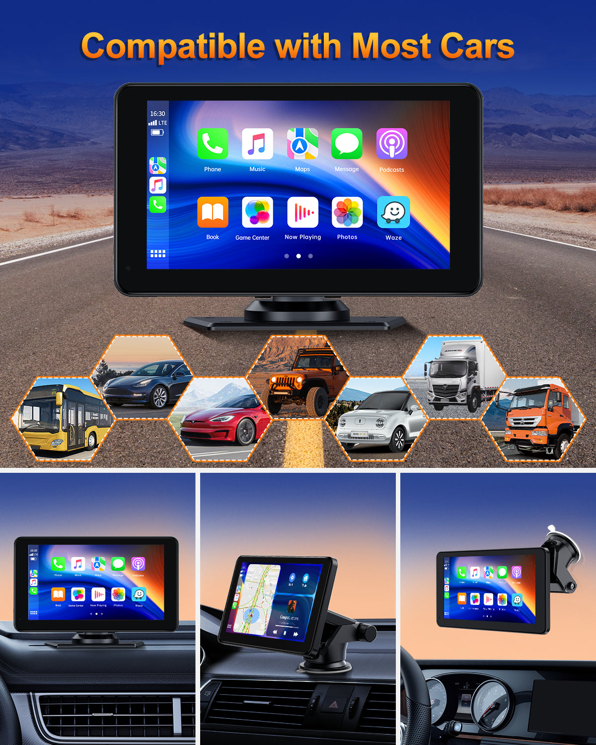 Portable 7 Inch Wireless Apple Carplay & Android Auto, 1080P HD Touchscreen GPS Navigation Car Stereo, Car Radio Receiver with Bluetooth, Mirror Link, FM, Siri