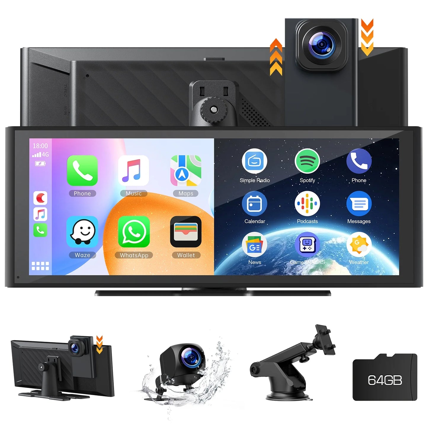 9.26'' Wireless Carplay Screen for Car with 4K Dash Cam, 1080P Backup Camera, Portable Car Stereo with Carplay Android Auto, Mirror Link, Loop Recording, GPS Navigation, AUX/FM