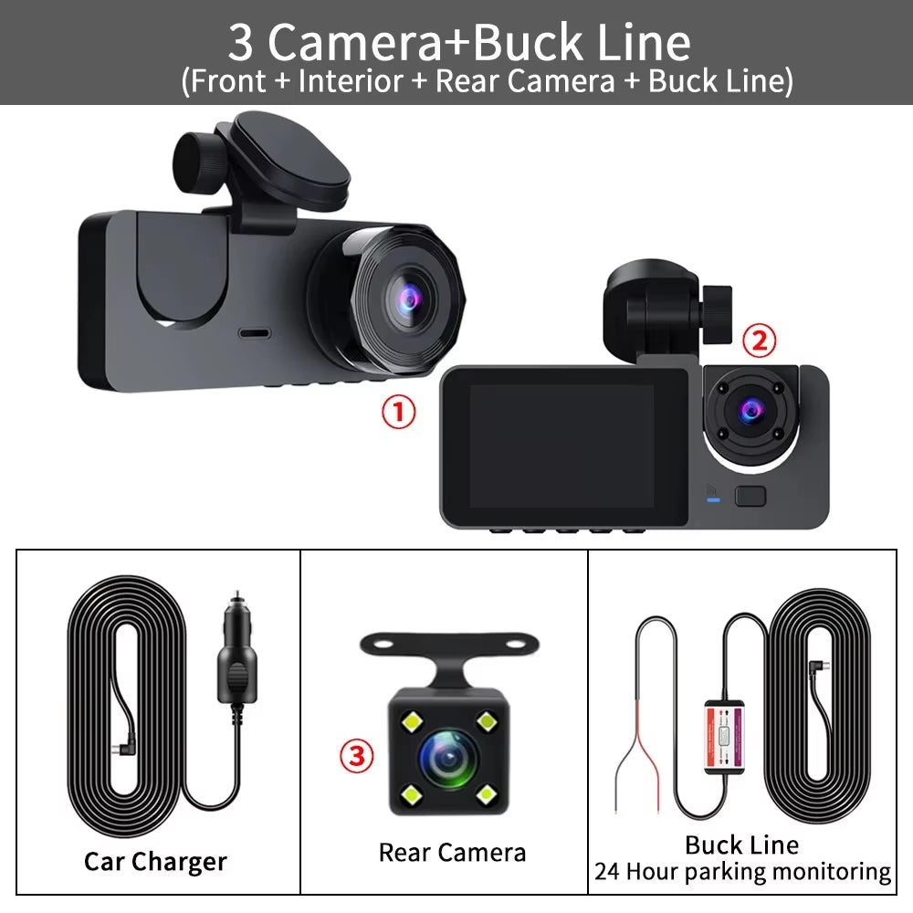 3 Channel Dash Cam for Cars Camera HD 1080P Video Recorder Dashcam DVR Black Box Dual Lens DVR with Rear View Camera for Vehicle