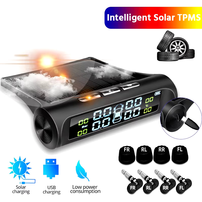 Smart TPMS Car Tire Pressure Alarm Monitor System 4 Sensors Display Solar Intelligent Tyre Pressure Temperature Warning